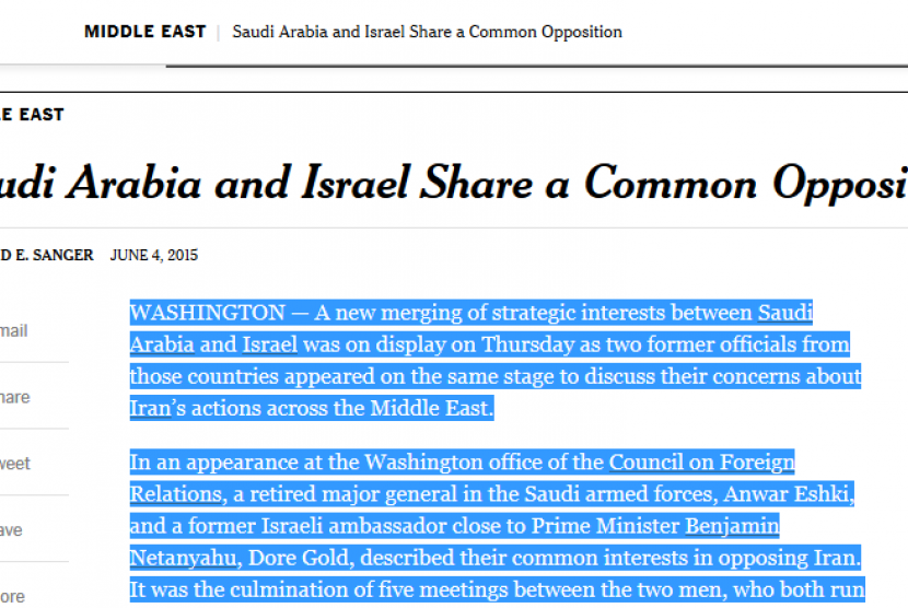 Berita tentang koalisi Arab Saudi dan Israel di the New York Times.
