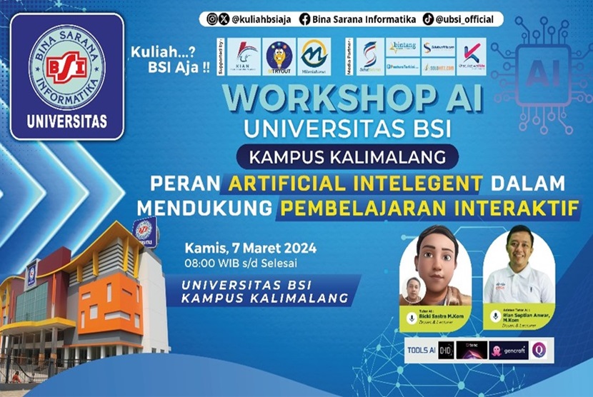 Berkomitmen sebagai Kampus Digital Kreatif, Universitas BSI (Bina Sarana Informatika) kampus Kalimalang akan menggelar Workshop AI untuk Guru pada Kamis, (7/3/2024). 