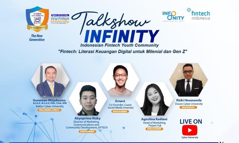 bersama Asosiasi Fintech Indonesia (Aftech) akan menghadirkan talkshow Infinity (Indonesian Fintech Youth Community) dengan tema Fintech: Literasi Keuangan Digital untuk Milenial dan Gen Z.