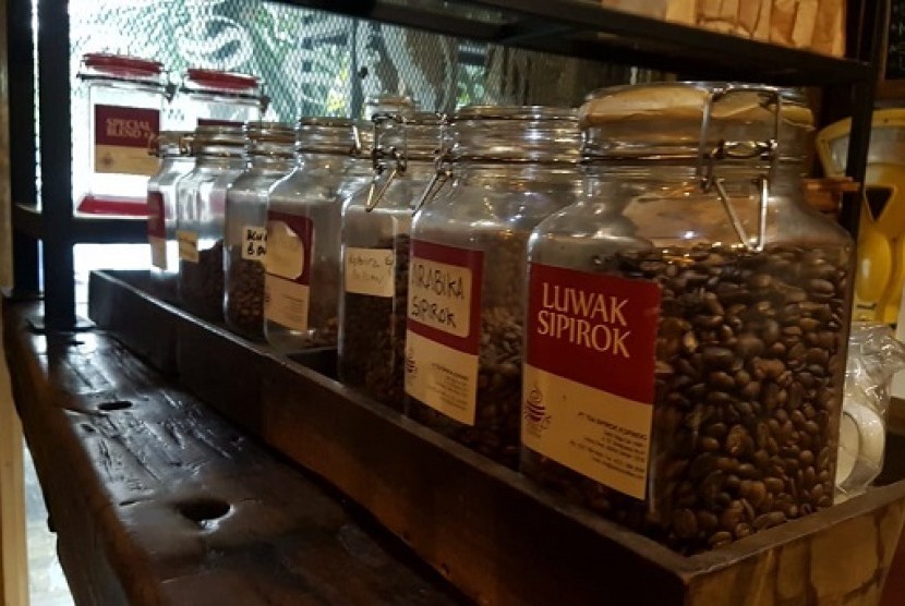 Biji kopi Sipirok dan biji kopi luwak Sipirok yang berada di etalase Sipirok Coffee