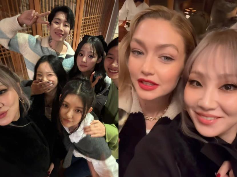 Bintang K-pop (CL, Jay Park, Minji NeJeans, Hanni, Danielle, dan Jung Ho-yeon) berfoto bersama (kiri) dan CL berpose bersama Gigi Hadid (kanan).