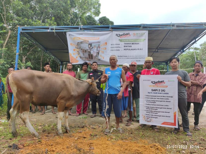 BMH menyalurkan hewan qurban kepada warga Tanah Merah, Desa Penagah, Teluk Bintan, Kabupaten, Bintan, Ahad (10/7/2022).