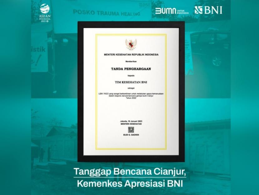 BNI mendapatkan Tanda Penghargaan sebagai Lembaga yang sangat berkomitmen untuk melakukan upaya kemanusiaan dalam respons darurat bencana gempa bumi Cianjur pada tahun 2022.