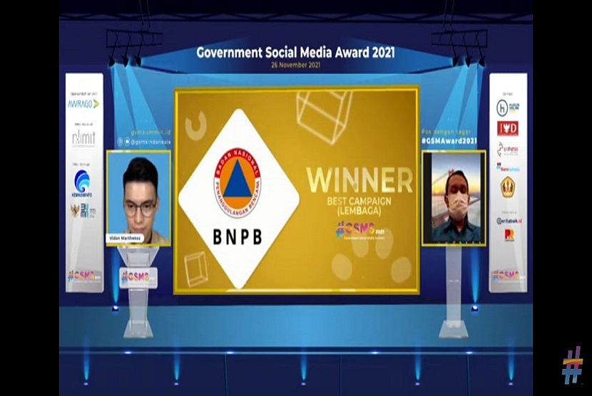 BNPB meraih dua penghargaan terbaik sekaligus di ajang Government Social Media Award (GSM) tahun ini. Apresiasi ini diberikan panitia GSM Award dalam acara pengumuman secara daring pada Jumat (26/11).