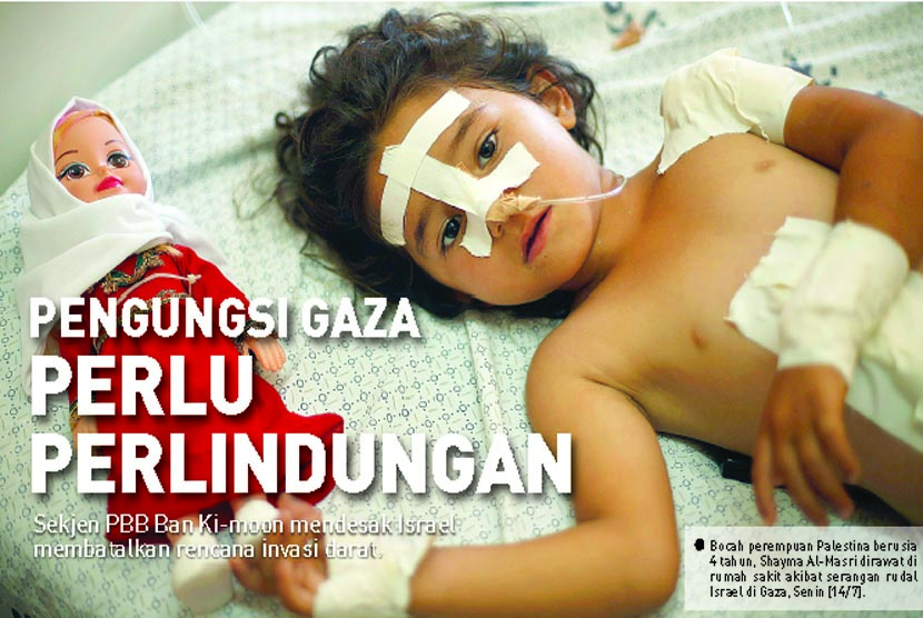 Bocah perempuan berusia empat tahun,Shayma Al-Masri,di rawat di rumah sakit akibat serangan rudal Israel di Gaza, Senin (14/7).