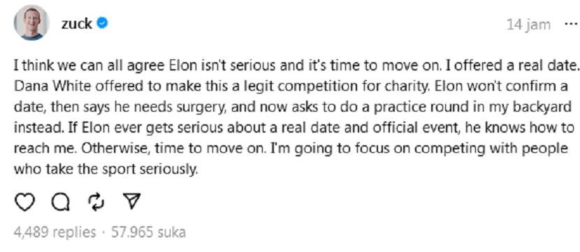 Bos Meta Mark Zuckerberg mengatakan pemilik Twitter/X Elon Musk tidak serius menanggapi soal pertarungan kandang.