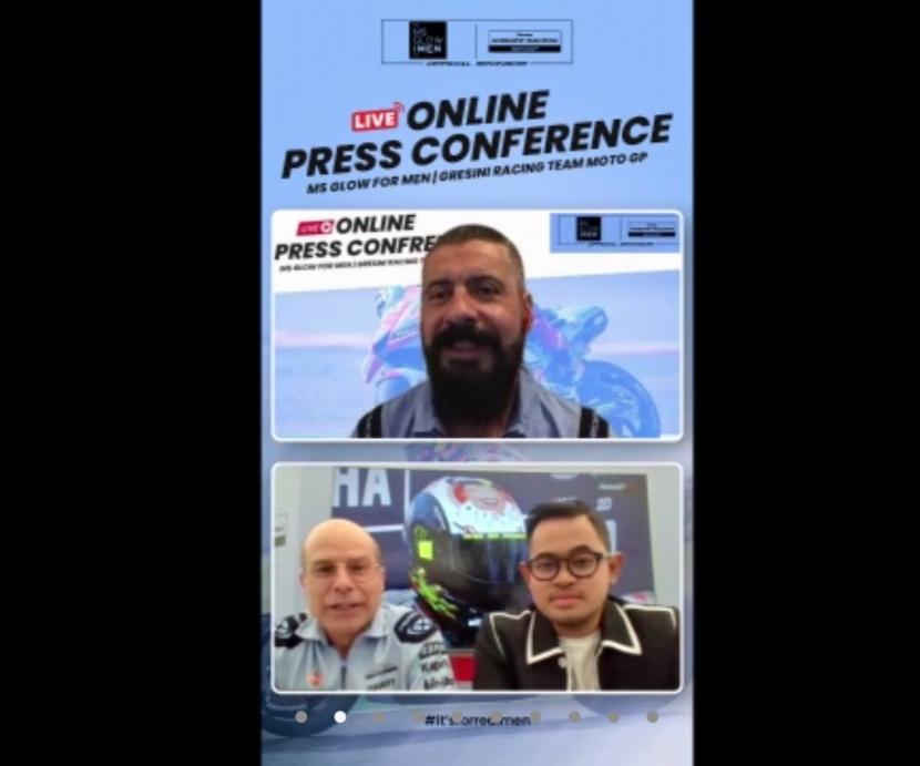 Bos MS Glow For Men, Gilang Widya Pramana (kanan bawah) saat konferensi pers daring terkait kerja sama dengan tim MotoGP yang berbasis di Faenza, Italia, Gresini Racing,