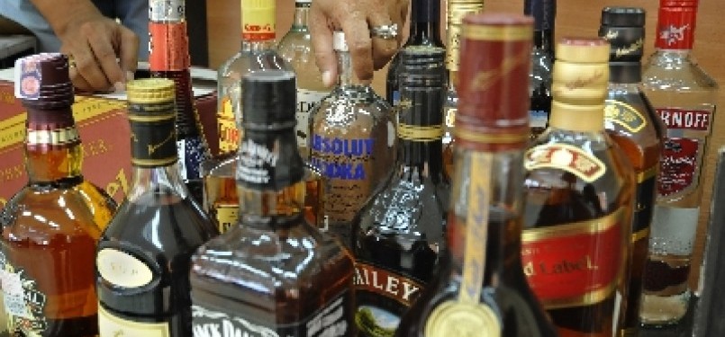 Bottles of alcohol are on display in Directorate General of Tariffs in Jakarta.