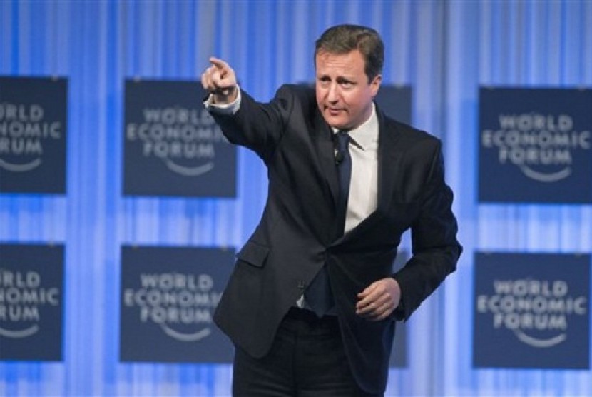 British Prime Minister, David Cameron, gestures as he speaks to the assembly of the 43rd Annual Meeting of the World Economic Forum, WEF, in Davos, Switzerland, Thursday, Jan. 24, 2013. 