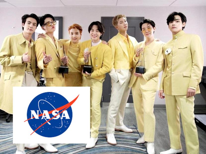 BTS dan logo NASA. Dua lagi BTS dan satu lagu RM BTS dipilih NASA untuk mengisi perjalanan ke angkasa untuk memperingati 50 tahun Apollo 11.