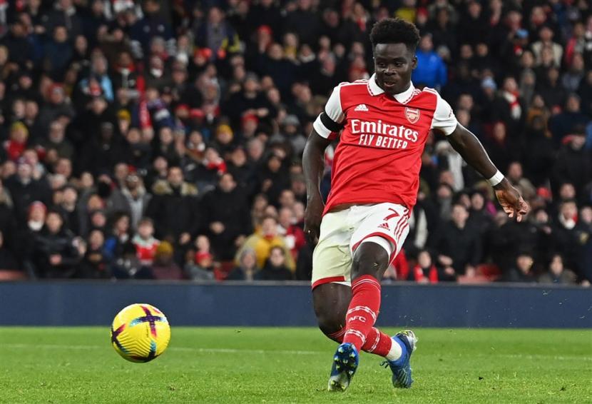 Gelandang serang Arsenal, Bukayo Saka, mengalami cedera setelah timnya mencukur Wolverhampton Wanderers, 5-0, di Liga Primer Inggris, Ahad (29/5/2023) dini hari WIB.