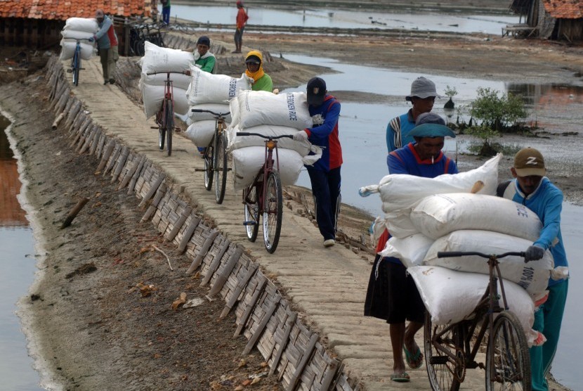 Buruh mengangkut garam sisa produksi tahun 2015 di lahan garam desa Bunder, Pademawu, Pamekasan, Jatim, Senin (14/3).