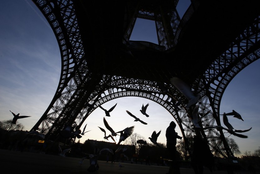 Burung beterbangan di bawah Menara Eiffel Paris, Prancis.