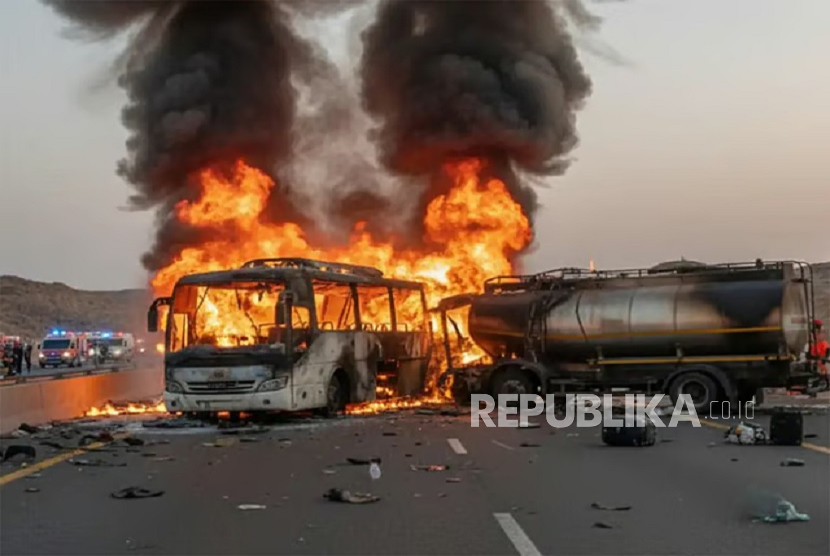 Bus yang membawa jamaah umroh asal India menabrak truk tanki minyak diesel di dekat Madinah, Arab Saudi, Senin (17/11/2025).