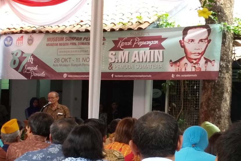 Buya Syafii Maarif memberikan sambutan pada pembukaan Pameran Kiprah Perjuangan MR SM Amin dan Pemuda Sumatera di Museum Sumpah Pemuda Jakarta, Rabu (28/10). Syafii Maarif menegaskan SM Amin sangat pantas diberi gelar Pahlawan Nasional.