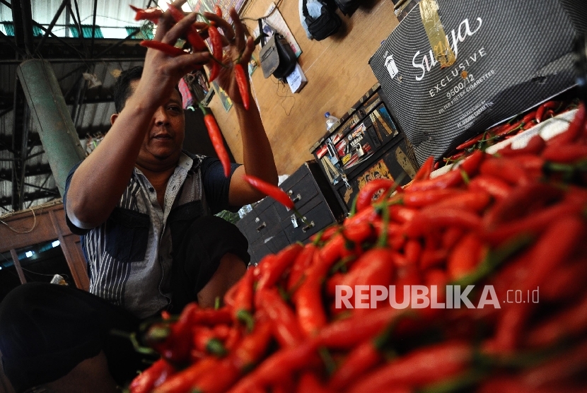 Cabai Turun Pedagang sedang memilah cabai merah berjenis TW di Pasar Induk, Jakarta, Selasa (23/2).