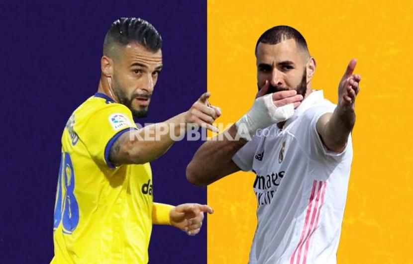 Striker Cadiz Alvaro Negredo Vs striker Real Madrid Karim Benzema (kanan).