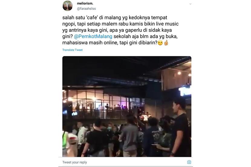 Cafe di Kota Malang diduga mengadakan live music tanpa penerapan protokol kesehatan (prokes). 