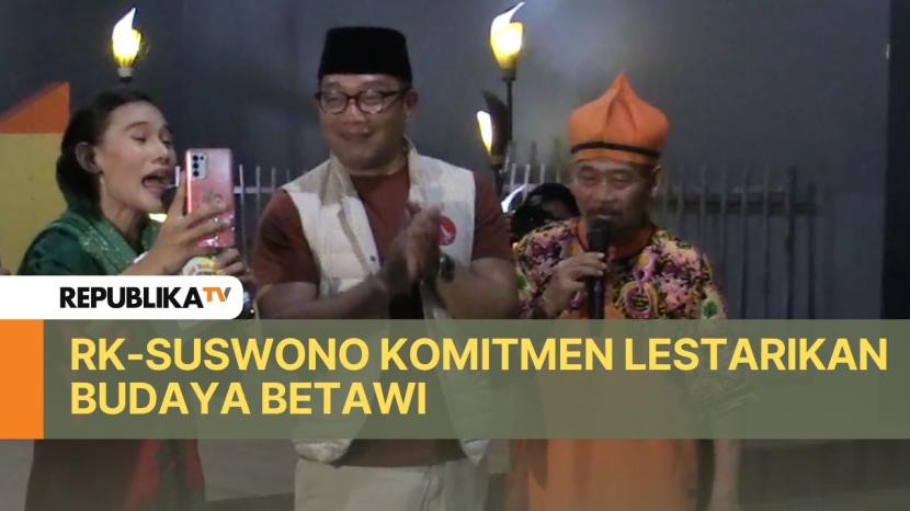 Calon Gubernur dan Calon Wakil Gubernur Jakarta nomor urut 1, Ridwan Kamil-Suswono  (RIDO) mengunjungi sanggar Oplet Robet, pusat pelestarian budaya Betawi di Pinang Ranti,Jakarta Timur,Rabu (25/9/2024).