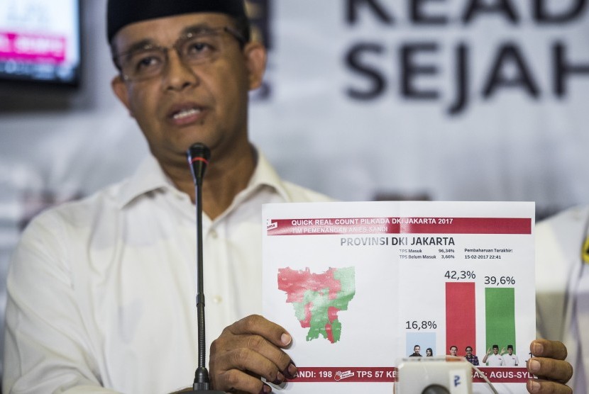 Calon Gubernur DKI Jakarta nomor urut tiga Anies Baswedan menunjukan hasil hitung cepat tim pemenangan Anies-Sandi saat menyampaikan keterangan pers di DPP PKS, Jakarta, Rabu (15/2). 