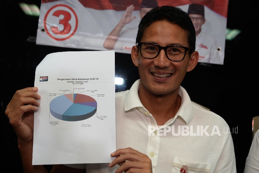  Calon Wakil Gubernur DKI Jakarta nomer 3 Sandiaga Uno memaparkan dana kampanye Pilkada di Posko Melawai Anies-Sandi, Jakarta, Kamis (12/1). 