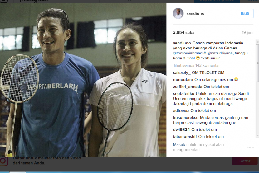 Calon Wakil Gubernur DKI Jakarta, Sandiaga Uno mengunggah fotonya bersama pemain bulu tangkis, Bellaetrix Manuputty di Instagram pribadinya, Rabu (21/12).