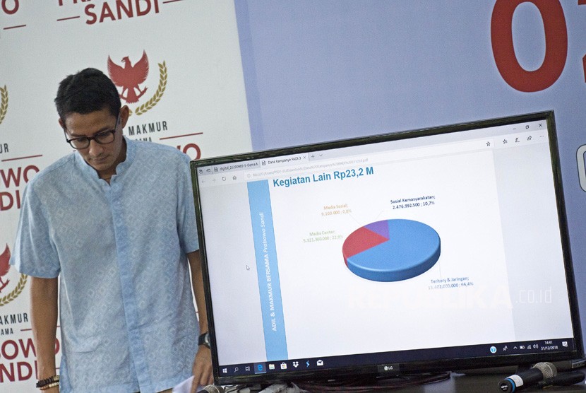 Calon Wakil Presiden nomor urut 02 Sandiaga Uno menyampaikan presentasi laporan dana kampanye di media center pemenangan Prabowo-Sandi di Jalan Sriwijaya, Jakarta, Senin (31/12/2018). 