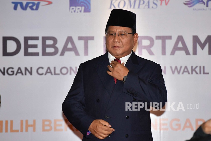 Capres nomor urut 02 Prabowo tiba untuk mengikuti debat pertama Pilpres 2019, di Hotel Bidakara, Jakarta, Kamis (17/1/2019). 