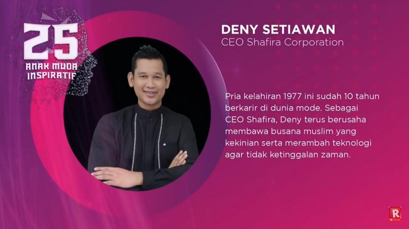 CEO Shafira Corporation Deny Setiawan dinobatkan sebagai Anak Muda Inspiratif dalam peringatan puncak HUT republika.co.id ke-25, Senin (5/10).