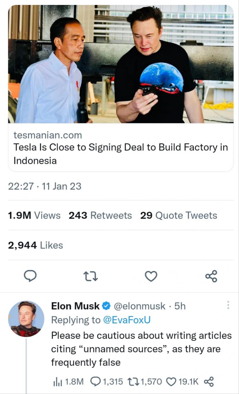CEO Tesla Elon Musk membantah kabar jika perusahaannya akan berinvestasi di Indonesia.