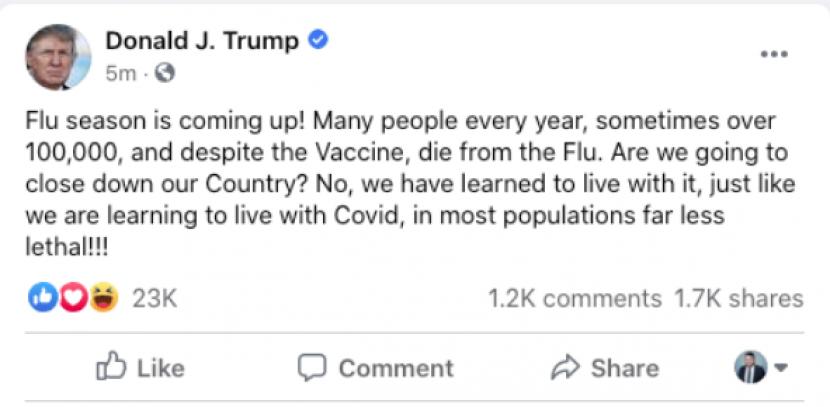 Cicitan Presiden AS Donald Trump di Twitter ditandai karena menyebarkan misinformasi. Trump meremehkan Covid-19 dengan membandingkannya dengan flu.