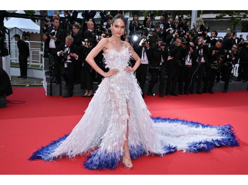 Cinta Laura menghadiri Cannes Film Festival. Gaun Cinta rancangan desainer Monica Ivena ini terinspirasi burung jalak bali. 