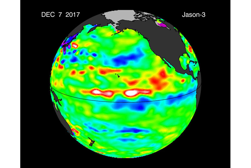 Ilustrasi citra anomali permukaan laut Pasifik masih menunjukkan fenomana La Nina ditandai dengan dominannya warna biru.