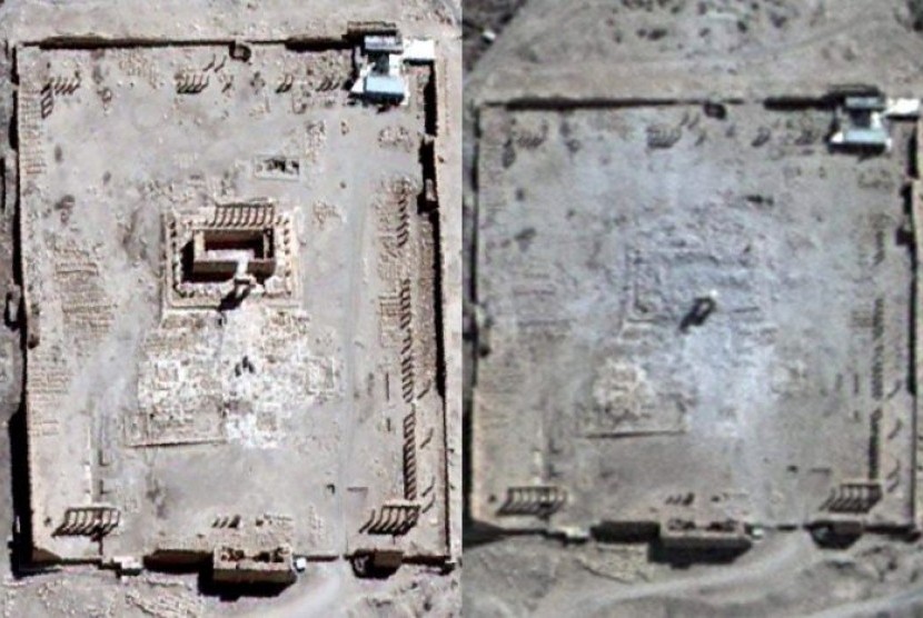Citra satelit Unosat milik PBB (kanan) menunjukkan hancurnya Kuil Bel di Palmyra, Suriah. Gambar kiri adalah Kuil Bel sebelum dihancurkan oleh ISIS.