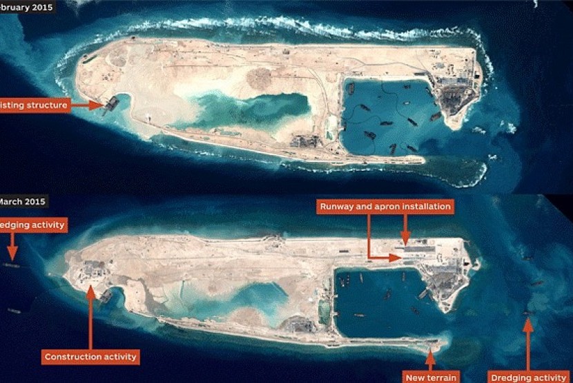 Citra satelit yang menunjukkan pembangunan landasan udara Cina di Kepulauan Spratly