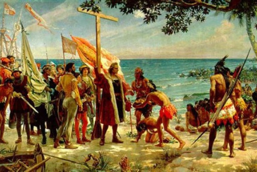 Columbus ketika menginjakan kaki pertamanya di beneua Amerika