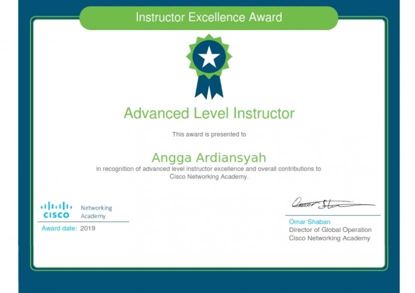 Contoh sertifikat Instructor Excellence award 2019 yang diterima oleh Instruktur Cisco Networking Academy 2019.