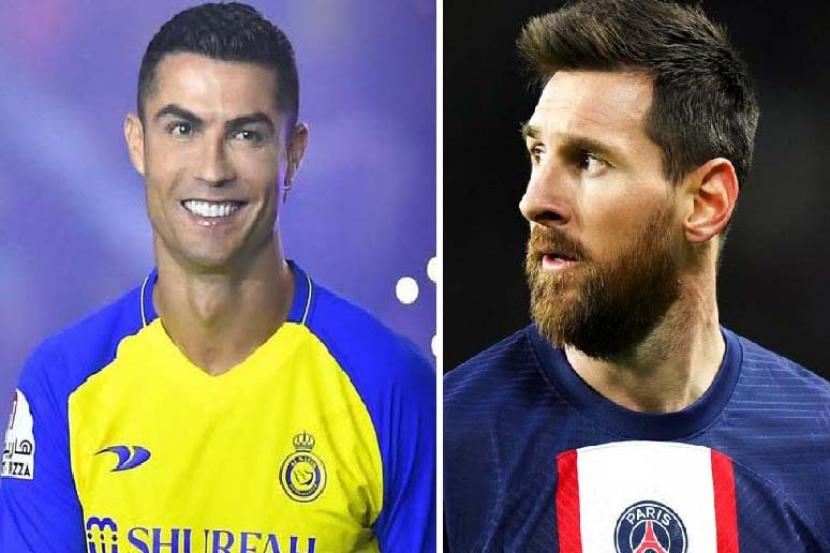 Bintang baru klub Arab Saudi Al Nassr Cristiano Ronaldo dan bintang klub Prancis Paris Saint-Germain (PSG) Lionel Messi (kanan).
