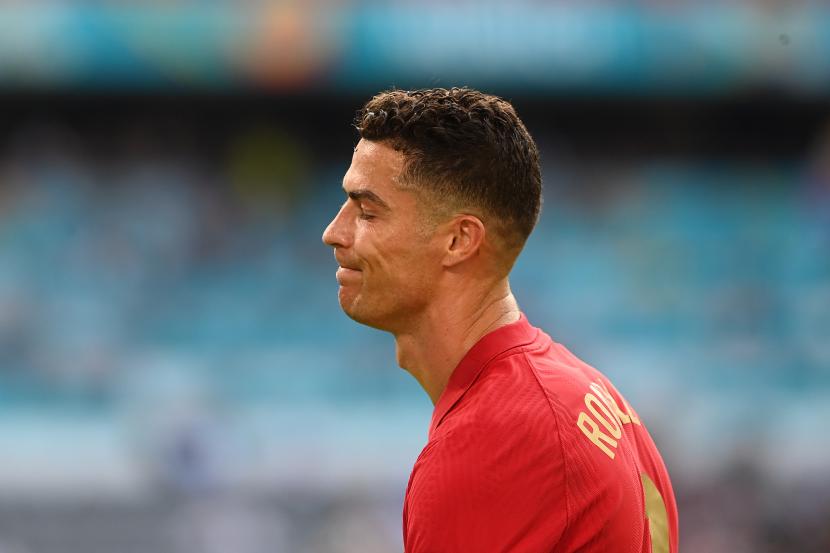 Cristiano Ronaldo dari Portugal bereaksi selama pertandingan sepak bola babak penyisihan grup F UEFA EURO 2020 antara Portugal dan Jerman di Munich, Jerman, 19 Juni 2021. 