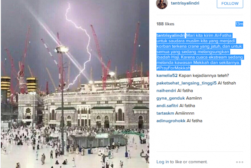 Cuaca buruk di Masjidil Haram yang diunggah Tantri Kotak melalui akun Instagram.