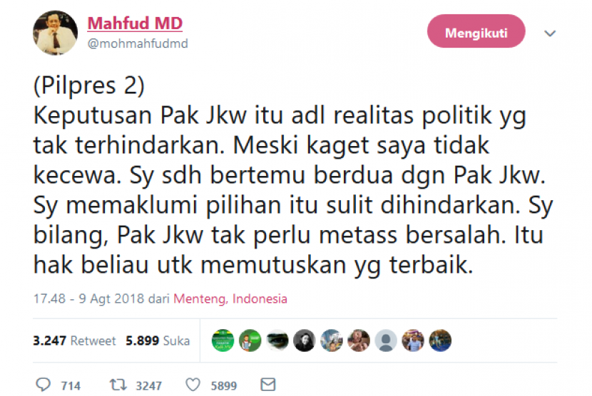 Cuitan Mahfud MD setelah deklarasi capres-cawapres