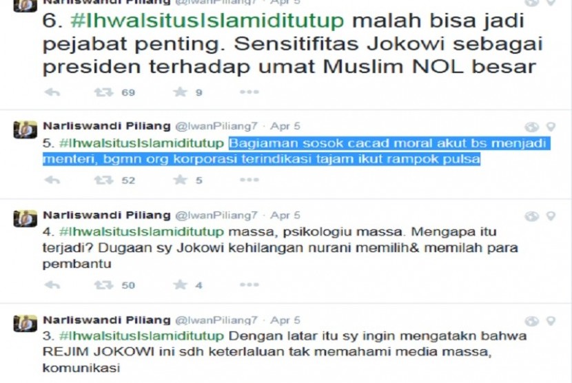 Cuitan Narliswandi Piliang ihwal situs islam ditutup