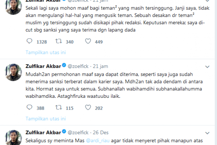 Cuitan permintaan maaf Zulfikar Akbar di akun Twitter pribadinya, Selasa (26/12).