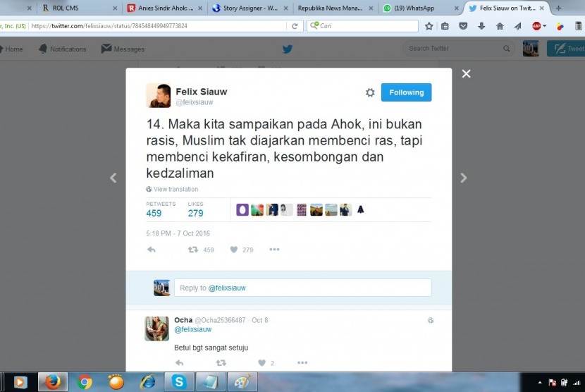 Cuitan Ustaz Felix Siauw tentang Ahok yang menyebut warga Jakarta dibohongi memakai surat Al-Maidah 51