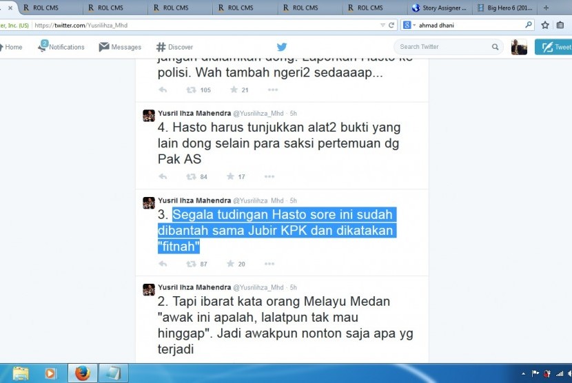 Cuitan Yusril di akun twitter soal perseteruan PDIP-KPK