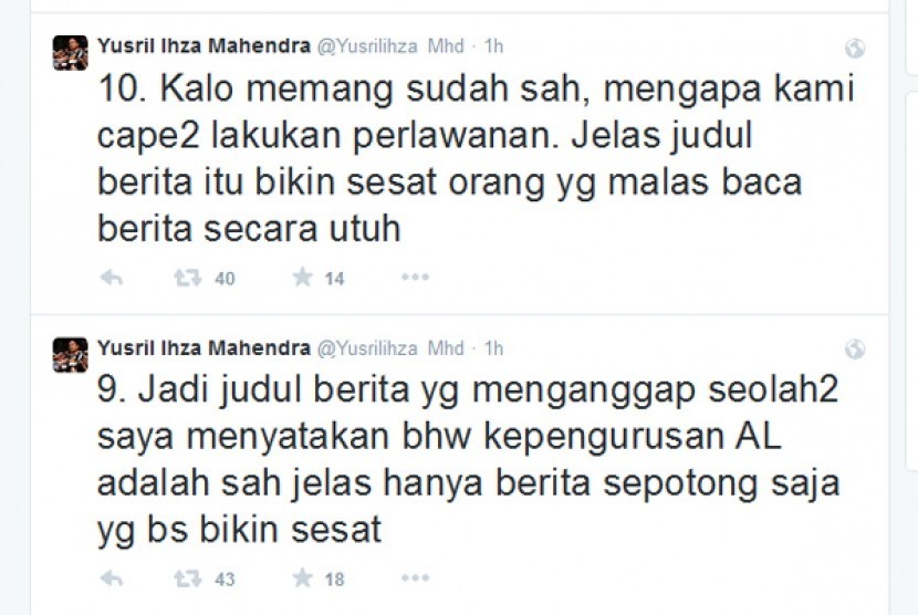 Cuitan Yusril Ihza Mahendra soal judul berita terkait kepemimpinan Agung Laksono di Golkar. 