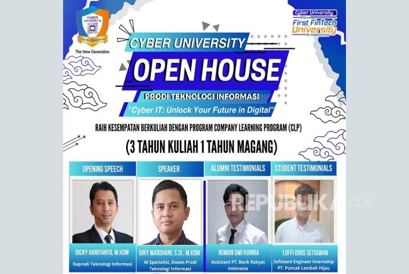 Cyber University melalui Program Studi (Prodi) Teknologi Informasi akan menggelar Open House Batch bertajuk Cyber IT: Unlock Your Future in Digital World, Rabu, (27/8/2025) pukul 10.00–12.00 WIB