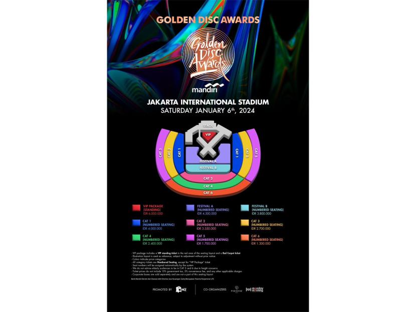 Daftar harga tiket dan seating plan Golden Disc Awards (GDA) ke-38 di Jakarta pada 6 Januari 2024.