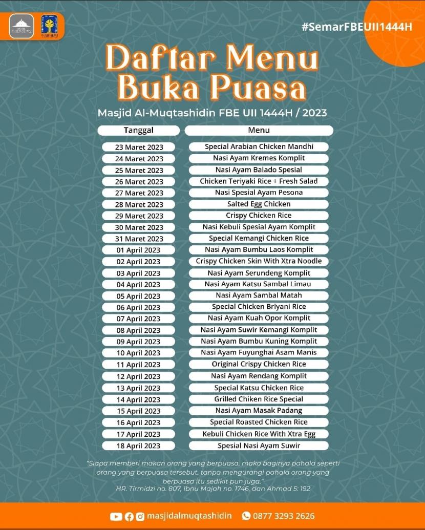 Daftar menu berbuka Masjid Al-Muqtashidin Fakultas Bisnis dan Ekonomi (FBE) Universitas Islam Indonesia selama Ramadhan 1444 Hijriyah.