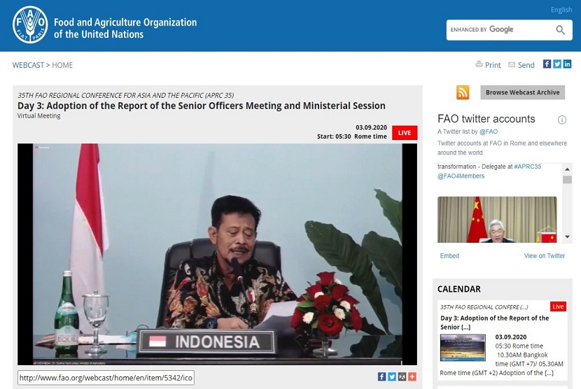 Dalam konferensi APRC FAO Mentan Syahrul ungkap 4 prioritas Indonesia di normal baru. Menteri Pertanian dari 46 negara di Asia Pasifik berkumpul sampai hari ini untuk dalam Konferensi Regional Asia Pasifik (APRC) FAO ke-35 melalui pertemuan virtual pertama untuk membahas situasi terkini dari ketahanan pangan di kawasan ini.